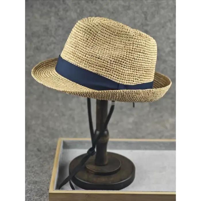 Chapeau de paille d'été pour hommes – Chapeau de soleil à bord court en raphia tissé à la main – Pli