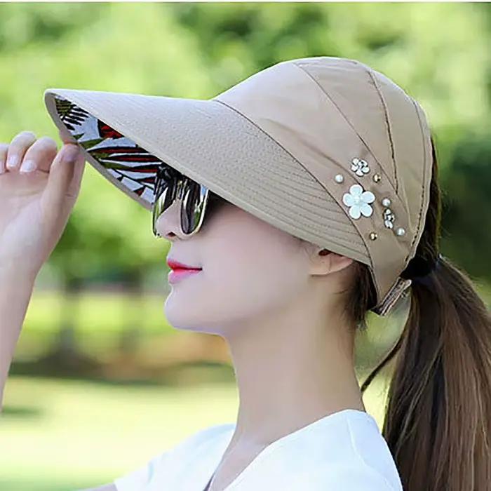 Chapeau de soleil pliable pour femme, casquette de baseball, visière à fleurs perlées, crème solaire
