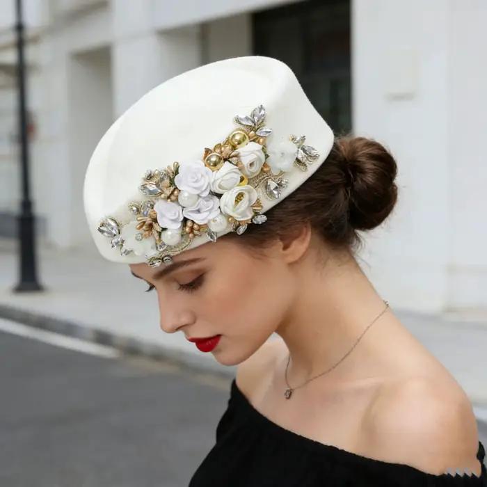 Chapeaux de luxe en feutre avec strass et fleurs pour femmes, style Derby, chapeau d'hôtesse de l'ai