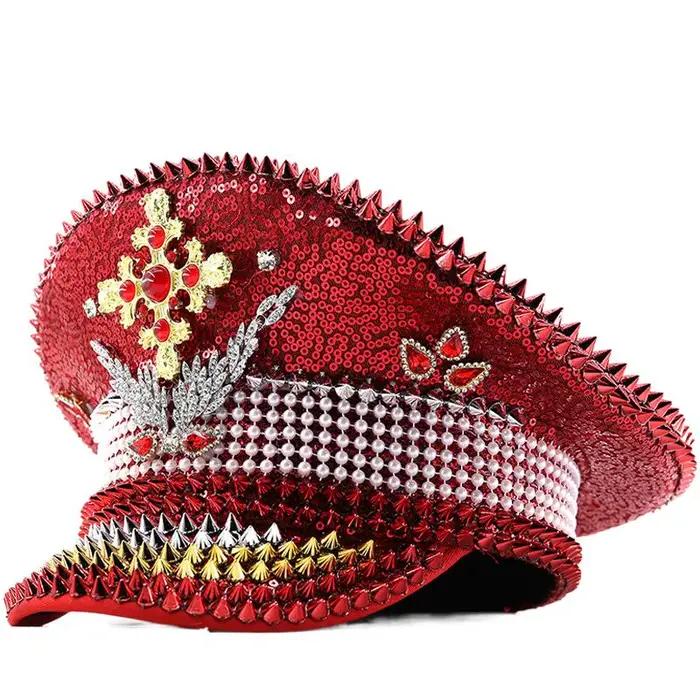 Chapeau de capitaine de Festival rouge fait à la main, mascarade de luxe, chapeaux militaires, casqu