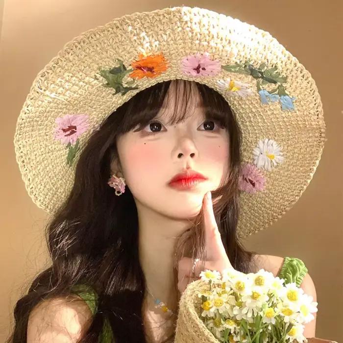 Chapeau de paille coloré à fleurs confortable à porter, style bohème, brodé, pour femme, respirant, 