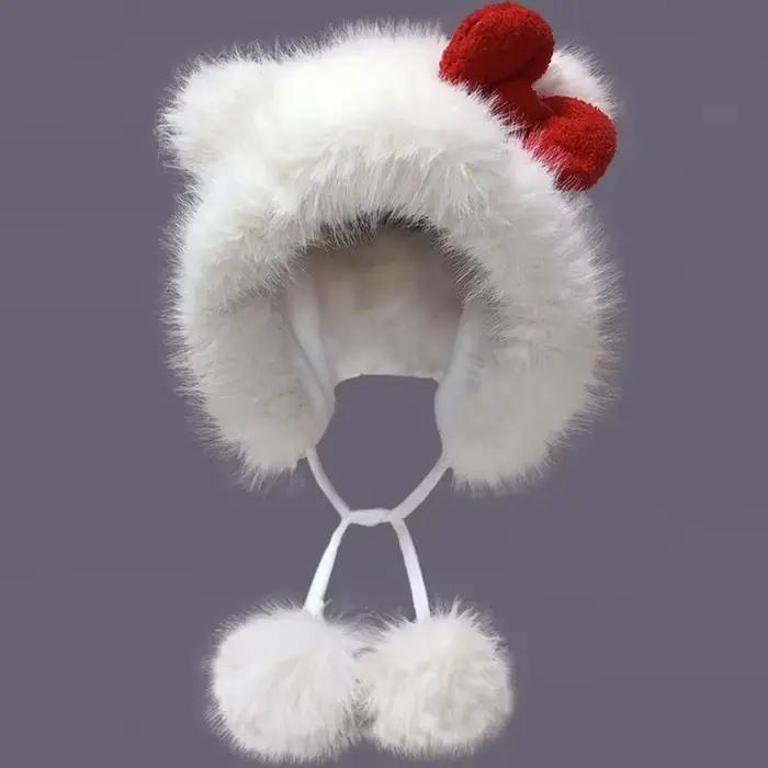 Chapeau en peluche Hello Kitty pour filles, cache-oreilles, chaud, dessin animé, nœud, mignon, mode,