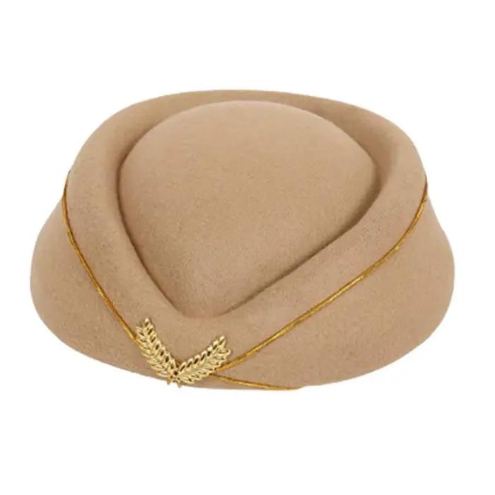 Béret en laine mélangée style hôtesse de l'air, chapeau d'agent de bord avec emblème couronne dorée,