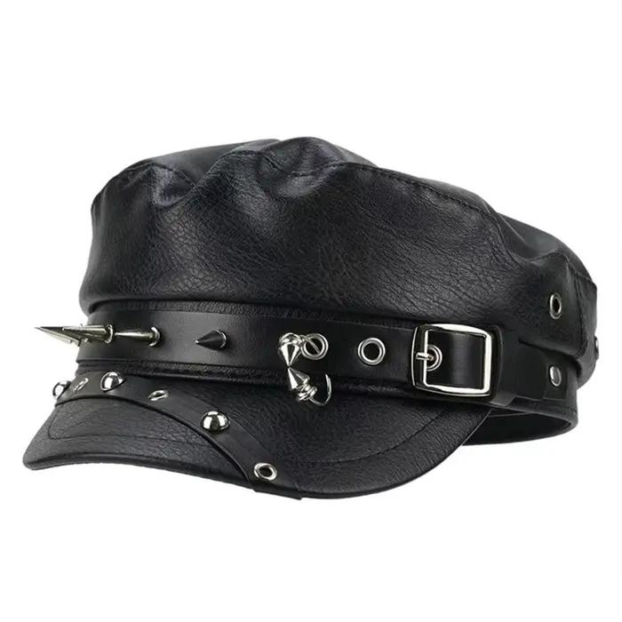 Béret en cuir PU tendance pour femme, style punk, casquette militaire vintage à calotte plate, béret