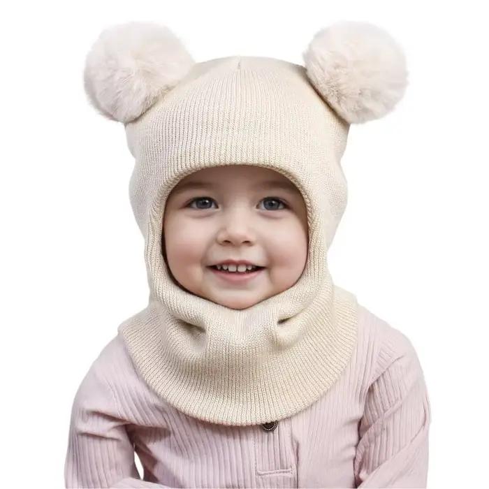 1 pièces Juniors Double Pom Poms combiné chapeau écharpe mignon cagoule chapeaux garçons filles sais