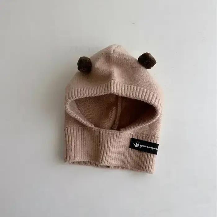 Bébé écharpe chapeau une pièce tricoté casquette chaud mignon Double boule de cheveux enfants oreill