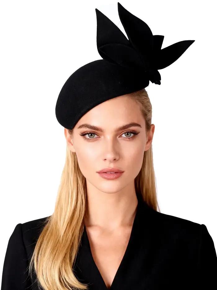 Haze bleu noir femmes laine feutre béret chapeaux avec grande fleur formelle église Occasion thé fêt