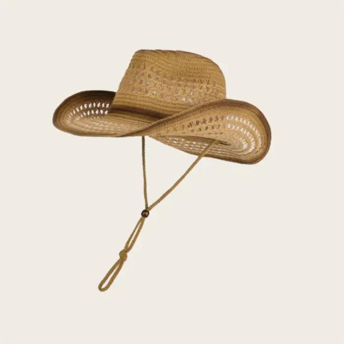 Chapeau de cowboy occidental en paille d'été, chapeau de soleil de style ethnique rétro, chapeau de 