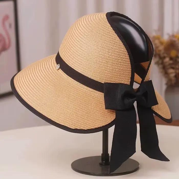 Chapeau de soleil pour femme à visière large en paille, avec nœud décoratif, protection UV, pliable,