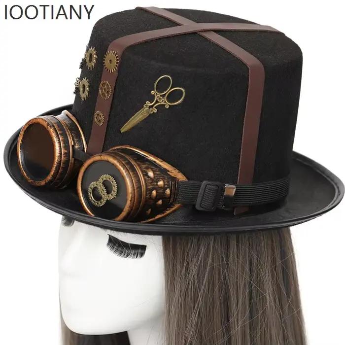 Chapeau haut-de-forme gothique Steampunk noir rétro avec équipement, couvre-chef, décoration de fête
