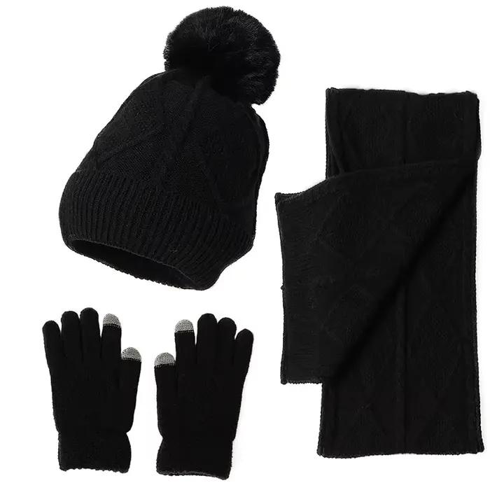 Ensemble de trois pièces pour femmes, chapeau chaud d'hiver, écharpe, gants, décor de boule en peluc