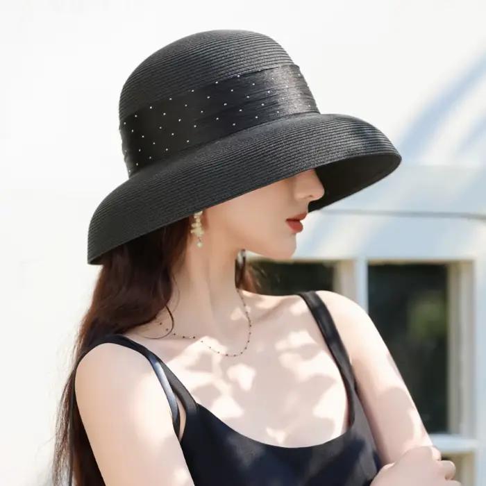 Chapeau de soleil élégant en paille de raphia style bohème à pois, à large bord, pour femme, style c