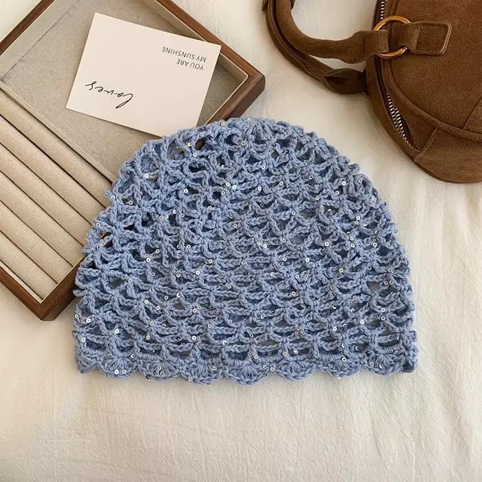 Chapeau en crochet ajouré à sequins tricoté à la main pour femme, bonnets à sequins printemps-été, c