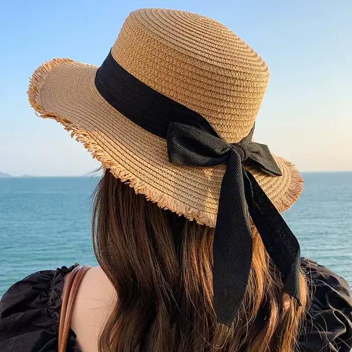 Nouveau chapeau de paille coréen à nœud pour femme, chapeau de soleil à large bord pour la plage et 