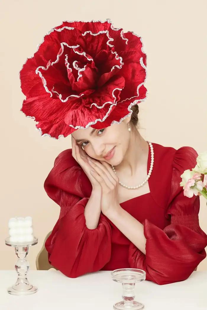 Chapeau fascinateur à fleurs de roses exagérées, Kentucky Derby, Cocktail, mariage, maquillage de ma