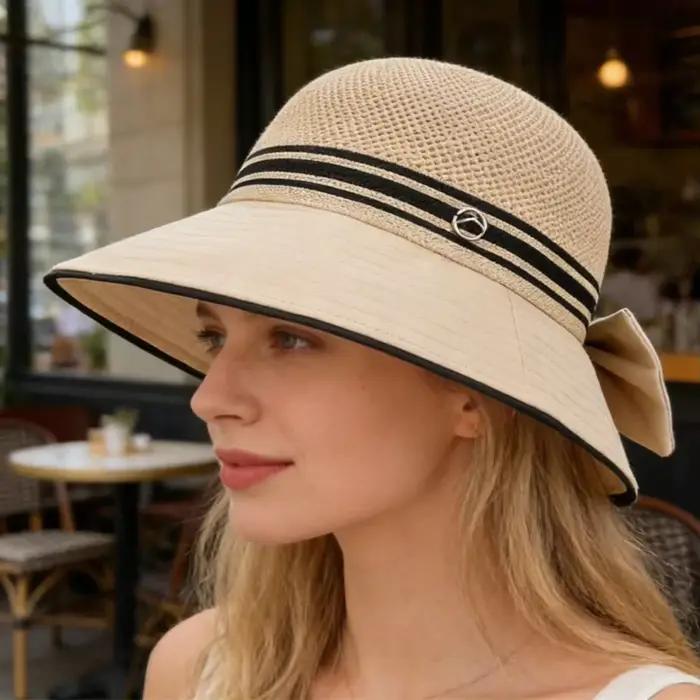 Chapeau de soleil pour femme avec nœud, large bord, pour activités estivales en plein air et sorties