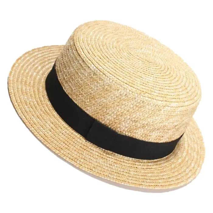 REHOOS – chapeau Fedora en paille de blé naturel pour femmes, chapeau plat de plage d'été, casquette