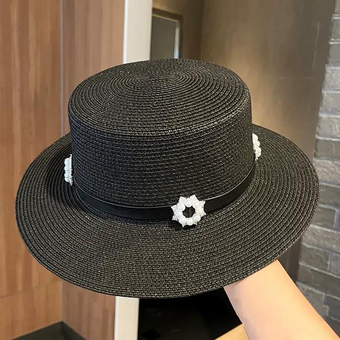 Chapeau de paille de plaisancier élégant avec bandeau de fleur de perle femmes dames été respirant c