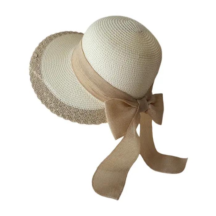Chapeau de paille à large bord pour femmes, casquette de plage avec nœud papillon, pour Sports de pl