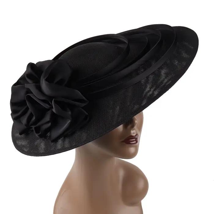 Fascinateur de grandes fleurs noires pour femmes, chapeau d'église Sinamay, bandeau de sauna de luxe