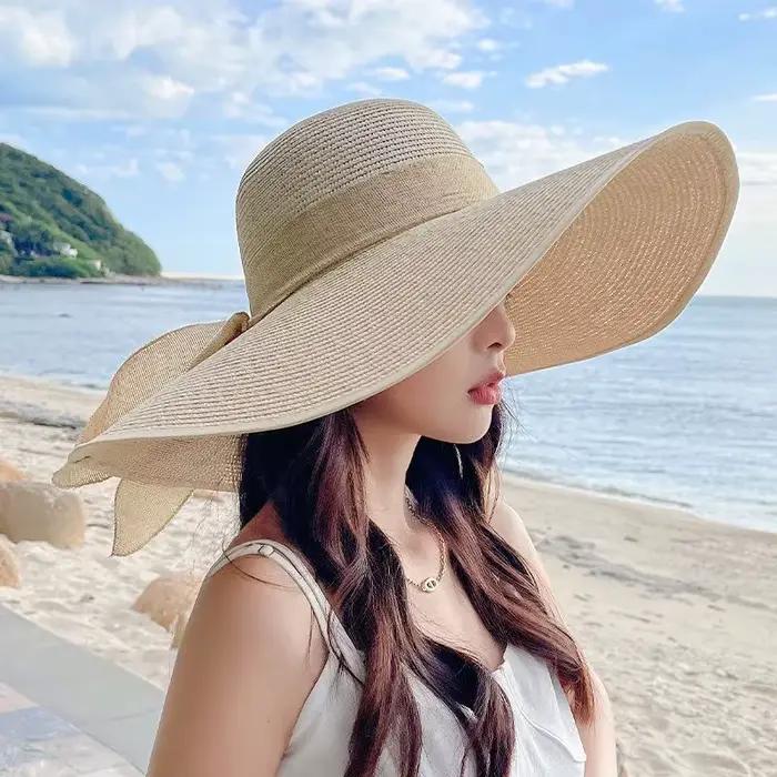 Chapeau de paille élégant à large bord pour femme, protection UV, chapeau de soleil de plage, chapea