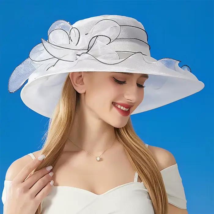 Chapeaux de protection solaire à large bord pour femmes, élégant chapeau en maille, fleur d'organza,