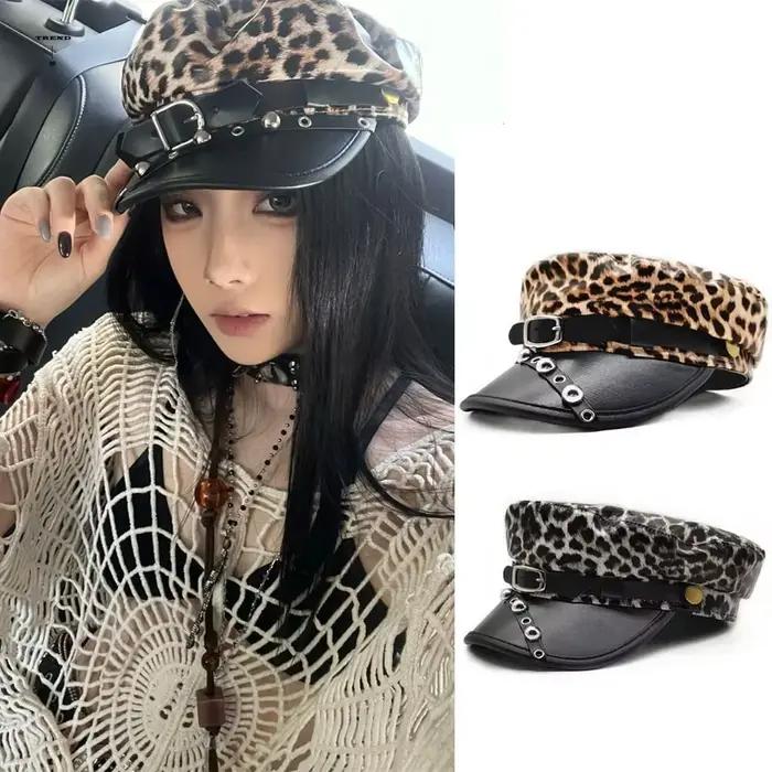 Chapeau léopard à rivets pour filles, béret Punk gothique Y2k, Harajuku, casquette plate en cuir Pu 