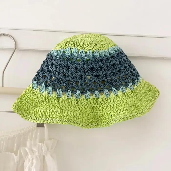 Chapeaux de pêcheur en raphia rayé arc-en-ciel coréen pour femme, chapeau de soleil pliable fait mai