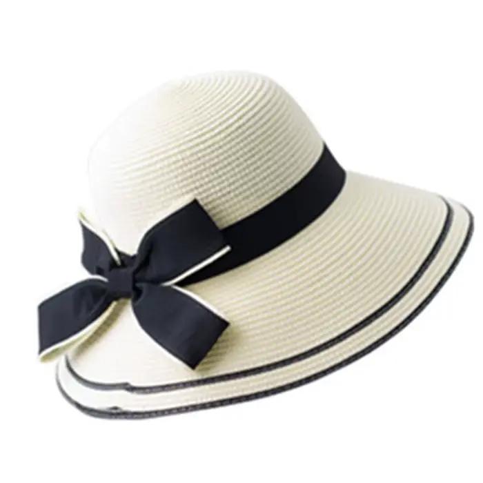 Chapeau de paille pliable avec nœud pour femme, pare-soleil, plage, printemps, été