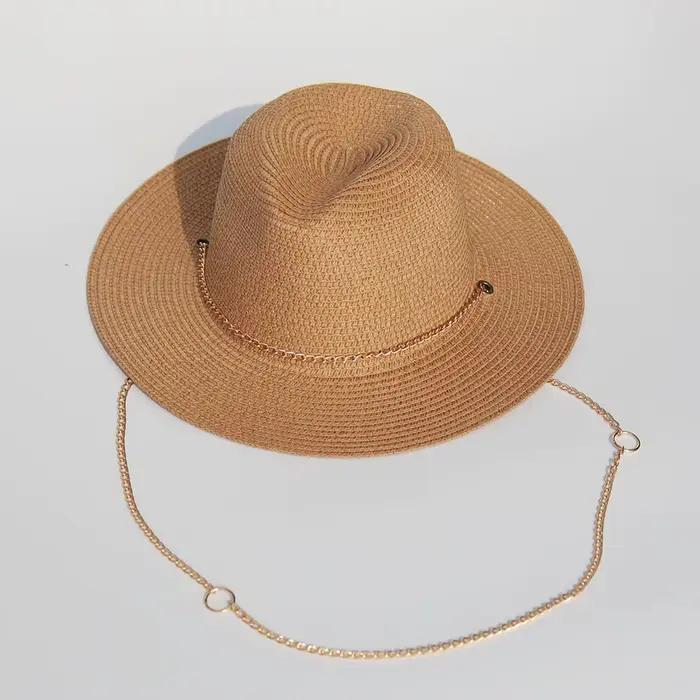 Chapeau de paille à chaîne en métal – Pare-soleil tressé en papier pour femme, casquette de plage Bo