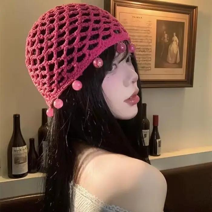 Chapeau tricoté à la main avec perles creuses – Casquette bohème pour femme, respirante et portable 