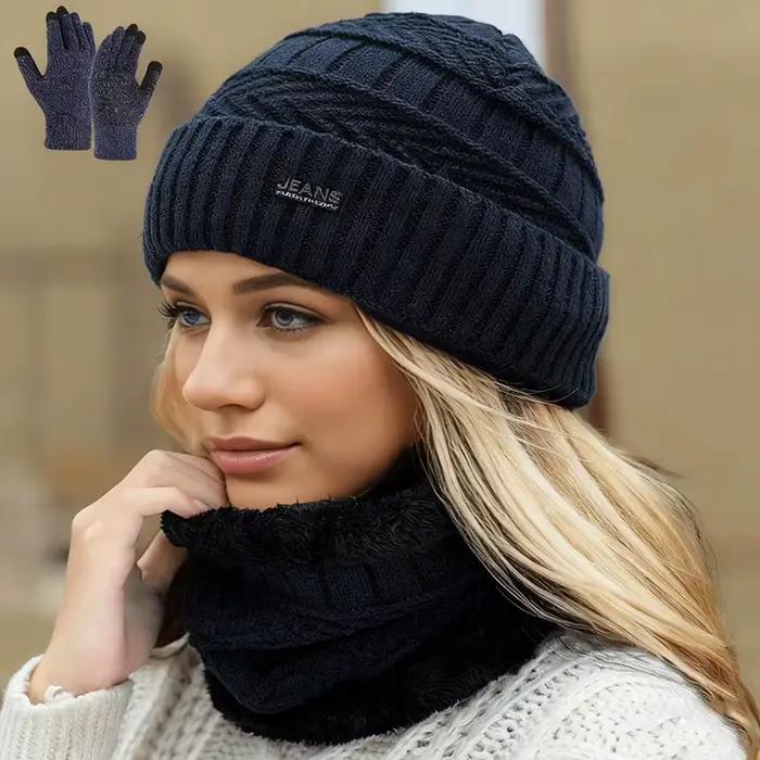 Chapeau d'hiver en polaire épaisse, écharpe, gants, ensemble de trois pièces, gants tricotés pour éc