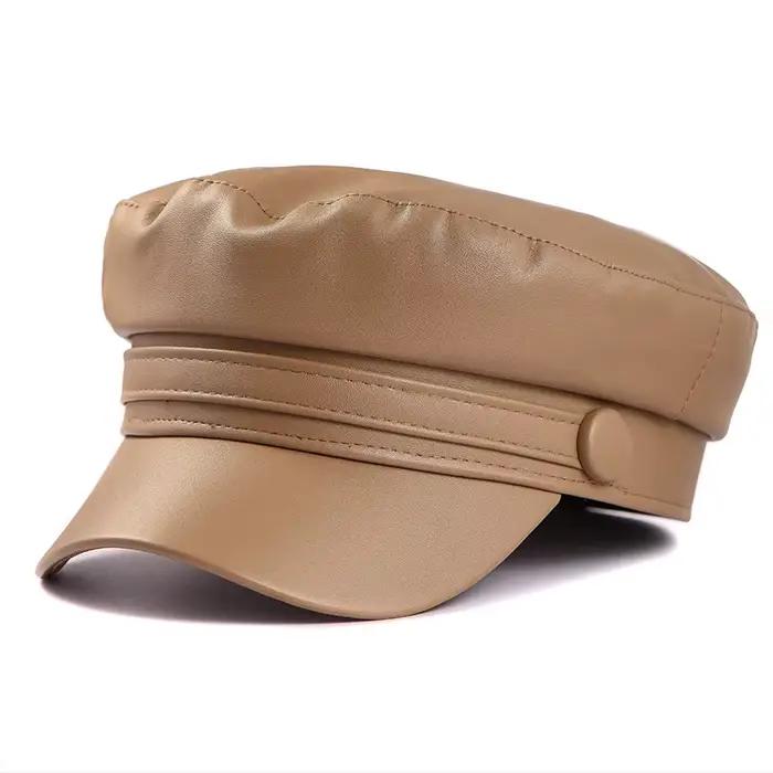Béret militaire en cuir noir pour femme, casquette de l'armée, chapeaux plats, printemps, automne, 2