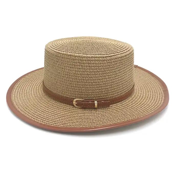 Chapeau de soleil en paille à dessus plat pour femmes, élégant, d'inspiration britannique, avec cein