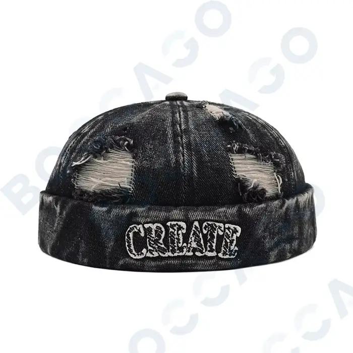 Casquette Docker en jean brodée avec visière, design déchiré, ajustable, pour homme et femme, idéale