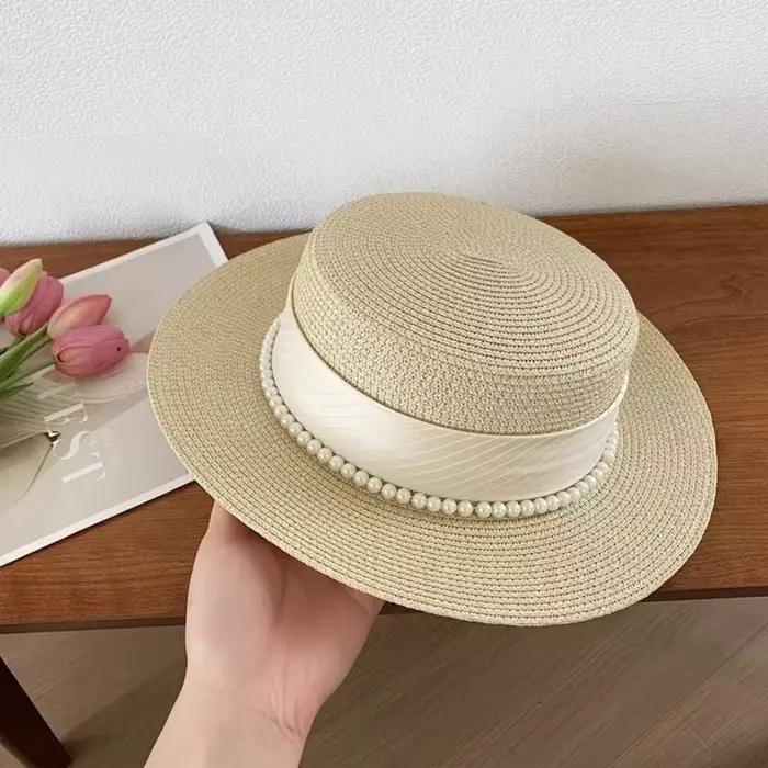 Chapeau de paille style Hepburn français, couleur unie, protection UV, avec chaîne de perles, tissag