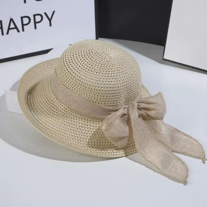 ☂ Chapeau vintage pour femme avec nœud, pliable, chapeau de soleil d'été à large bord, casquette déc