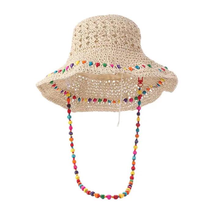Chapeau de paille femme style pastoral tendance, avec perles colorées, grand bord, protection UV, id