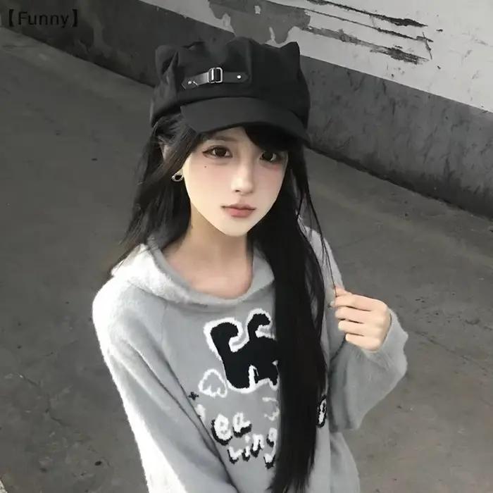 maveraFunny Orecchie de chat Harajuku gothique Lolita béret Y2K filles Steampunk Punk fermeture écla