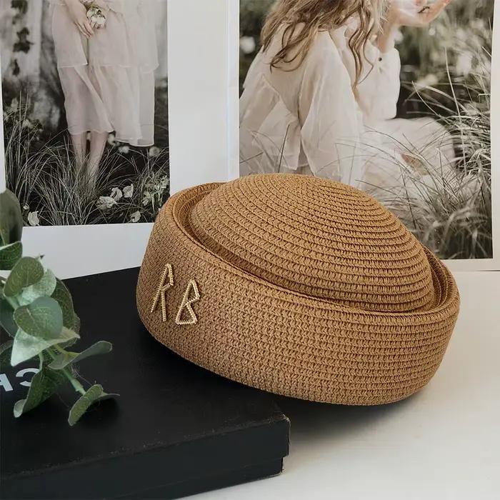 Béret en paille avec lettre RB en métal, style rétro, pour femme, chapeau de peintre artistique, fed