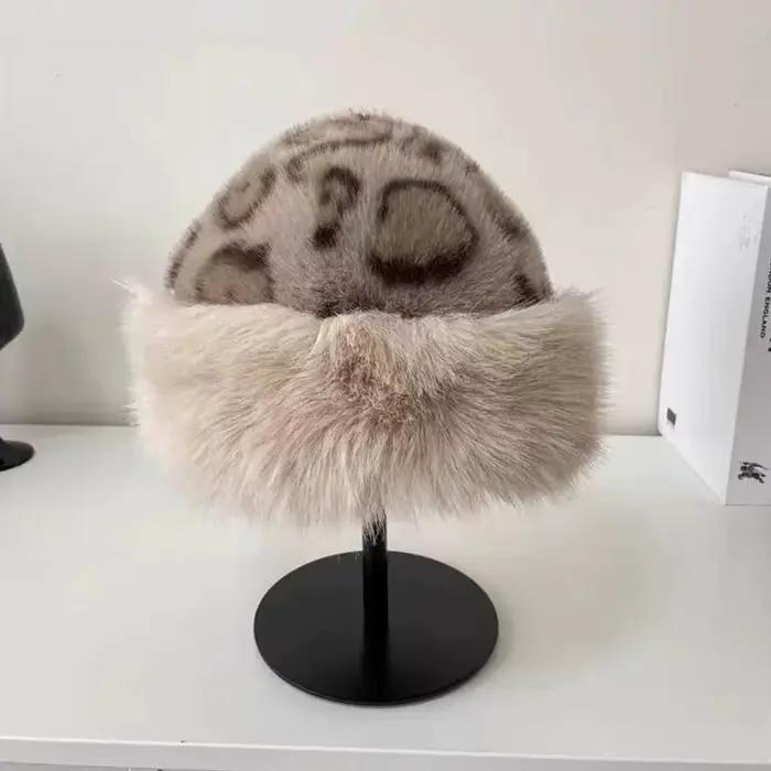Bonnet rétro imprimé léopard en peluche oreilles de chat pour femmes, chapeau en fourrure épaisse et