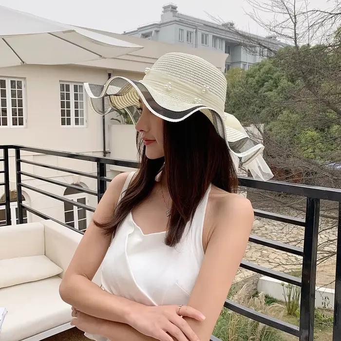 Chapeau de soleil en paille pour femme, style Panama, à large bord, pour la plage et l'extérieur, mo