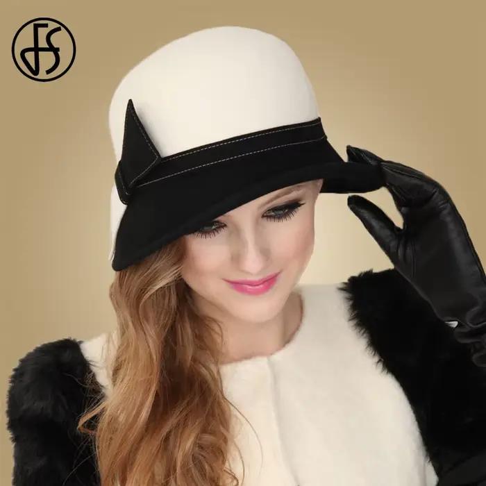 FS large bord blanc laine chapeaux melon Fedora Chapeau pour femmes Chapeau Femme Feutre hiver Cloch
