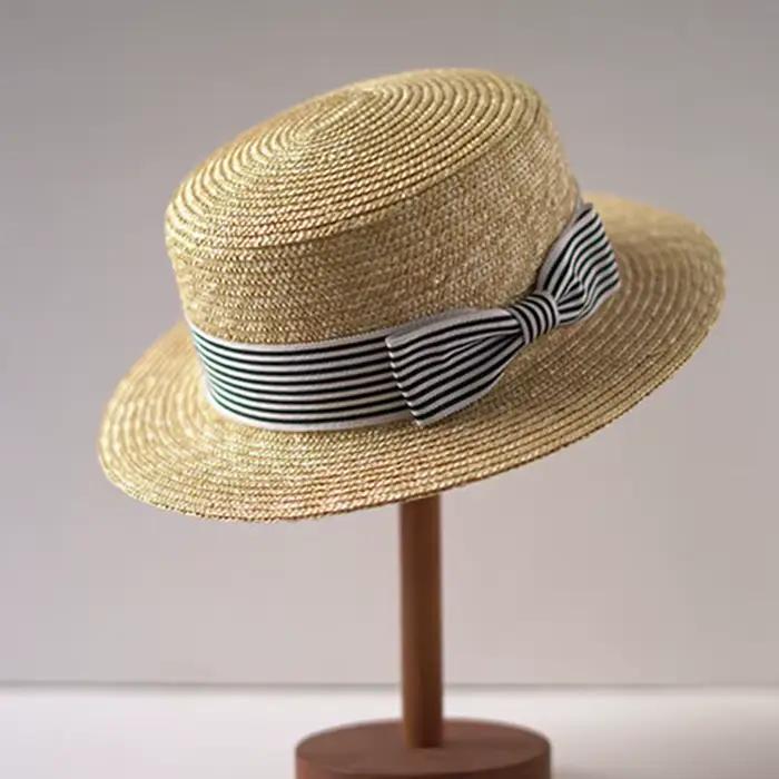 Chapeaux de canotier à large bord, chapeau de soleil à dessus plat, nœud de ruban à rayures, Fedoras