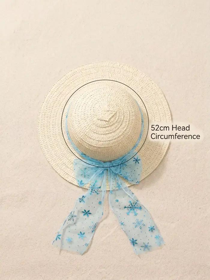 Chapeau de soleil en paille beige pour filles, 1 pièce, avec ruban bleu, casquette d'été pour la pla