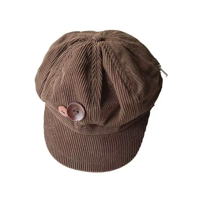Béret Vintage en velours côtelé pour femmes, casquette octogonale à boutons coréens, chapeaux d'arti
