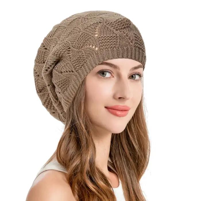 Béret tricoté ajouré pour femme, bonnets élastiques au crochet printemps-automne, casquettes décontr