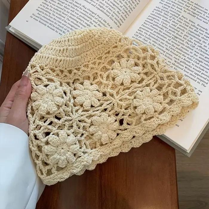 Bonnet en crochet fait main avec fleur, style Y2K, ajouré, streetwear