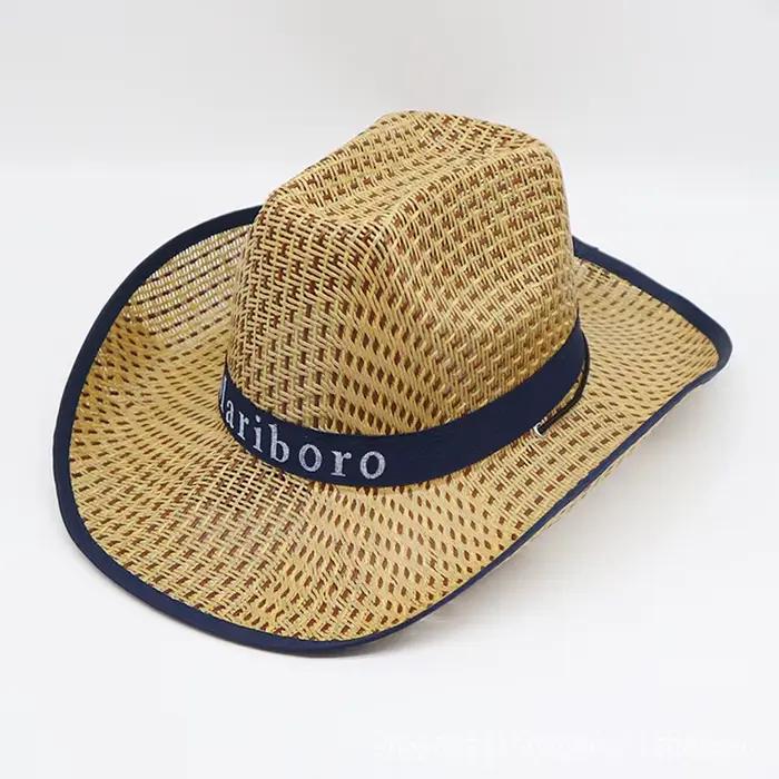 Chapeau de Cowboy Occidental Rétro pour Homme, Paille d'Été pour le Soleil, Large Bord Bouclé, Lettr