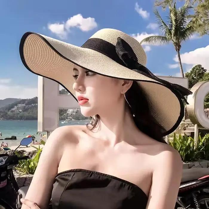 Chapeau de soleil en paille pour femmes, à large bord, protection UV, pliable, pour la plage, l'été,